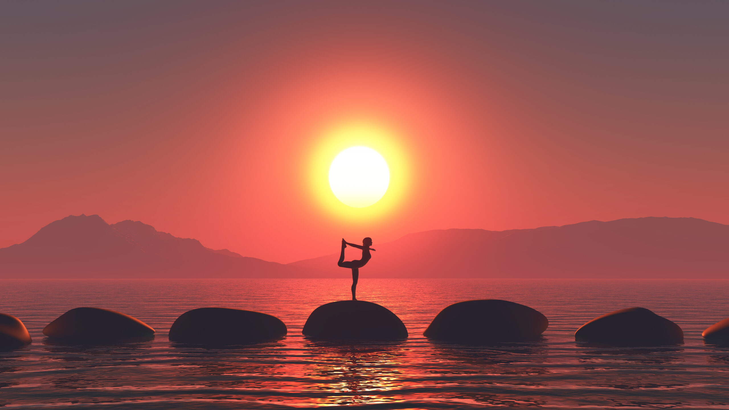 3D render of a sunset landscape with female in yoga pose on stepping stones in ocean